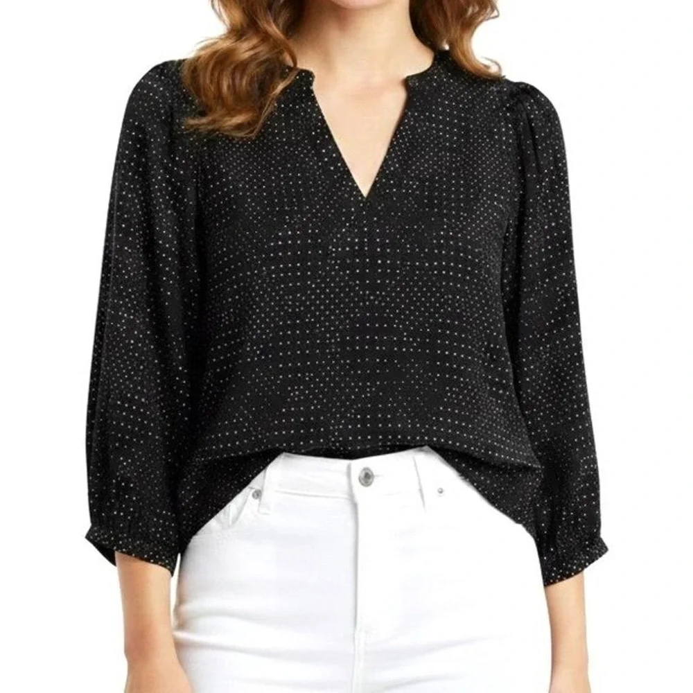 Banana Republic Blouse Women‎ Medium Black Polka Dot V-Neck Puff Sleeve
